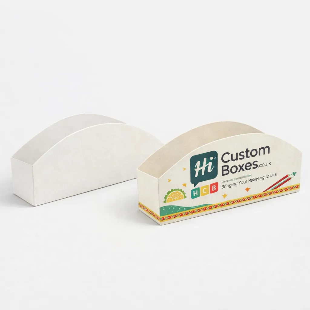 Two premium flip-top magnetic boxes, one blank white and one featuring elegant red taco branding. class=